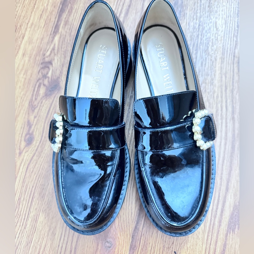 Stuart Weitzman Shiny Black Loafers with Pearl Detail